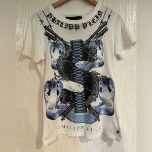 Philipp Plein White and Blue Snake Graphic Tee
